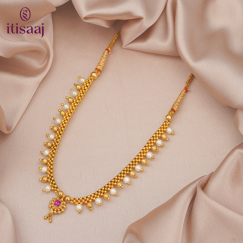 Traditional Maharashtrian Kolhapuri Micro Gold Plated Thushi 16 Moti 16 Vertical Saj 2-0