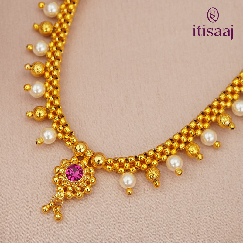 Traditional Maharashtrian Kolhapuri Micro Gold Plated Thushi 16 Moti 16 Vertical Saj 2-0