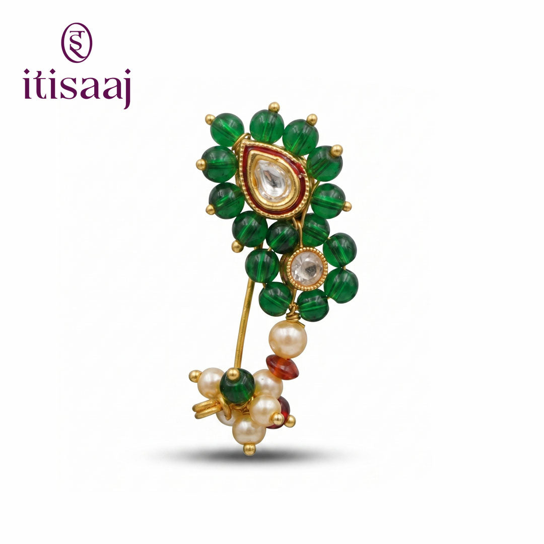 Traditional Maharashtrian Kolhapuri Micro Gold Plated Nath/Nose Pin Green