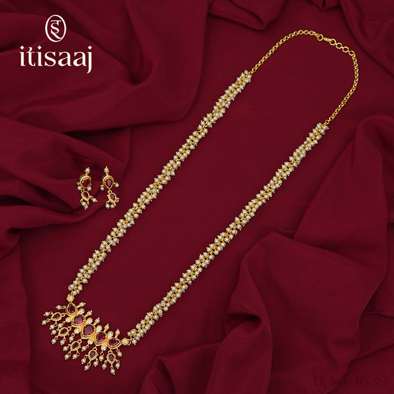 Traditional Maharashtrian Moti Har Long Puneri 5 Stone Moti Ghas - 1639