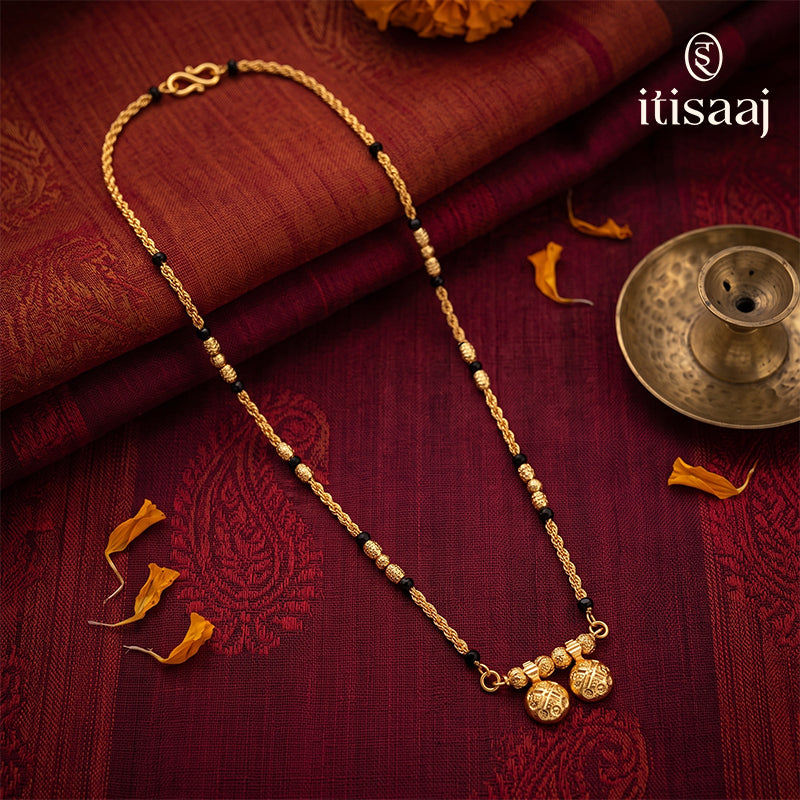 Traditional Micro Gold Plated Vati Mangalsutra with Black Bead Chain - 1649