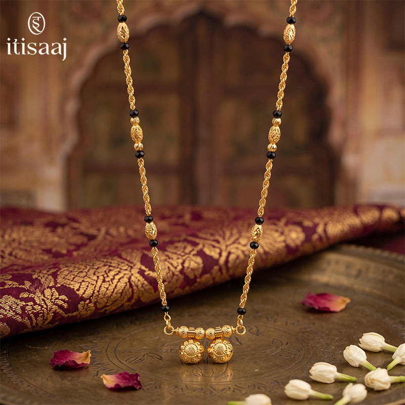 Traditional Micro Gold Plated Vati Mangalsutra with Black Bead Chain - 1754