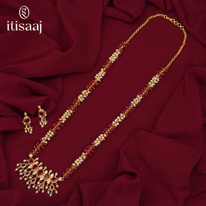 Traditional Maharashtrian Moti Har Long Puneri 5 Stone Moti Red Ghas - 2102