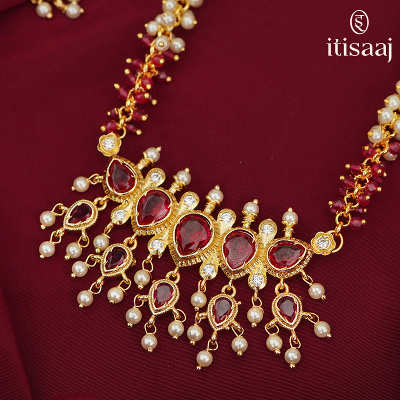 Traditional Maharashtrian Moti Har Long Puneri 5 Stone Moti Red Ghas - 2102