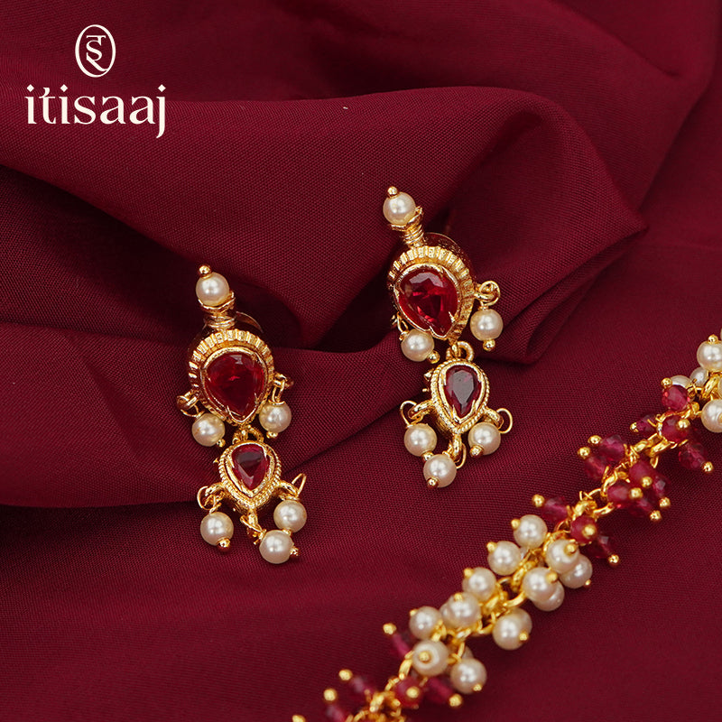 Traditional Maharashtrian Moti Har Long Puneri 5 Stone Moti Red Ghas - 2102