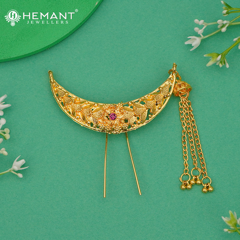 Intricate Gold Plated Chand Hair Pin / Ambada  | Traditional Floral Hair Pin - 2861