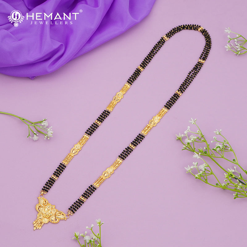 Forming Gold Maharashtrian Long 30" Mangalsutra with Wide Floral Pendant & Carved Golden Bead Segments - 2935