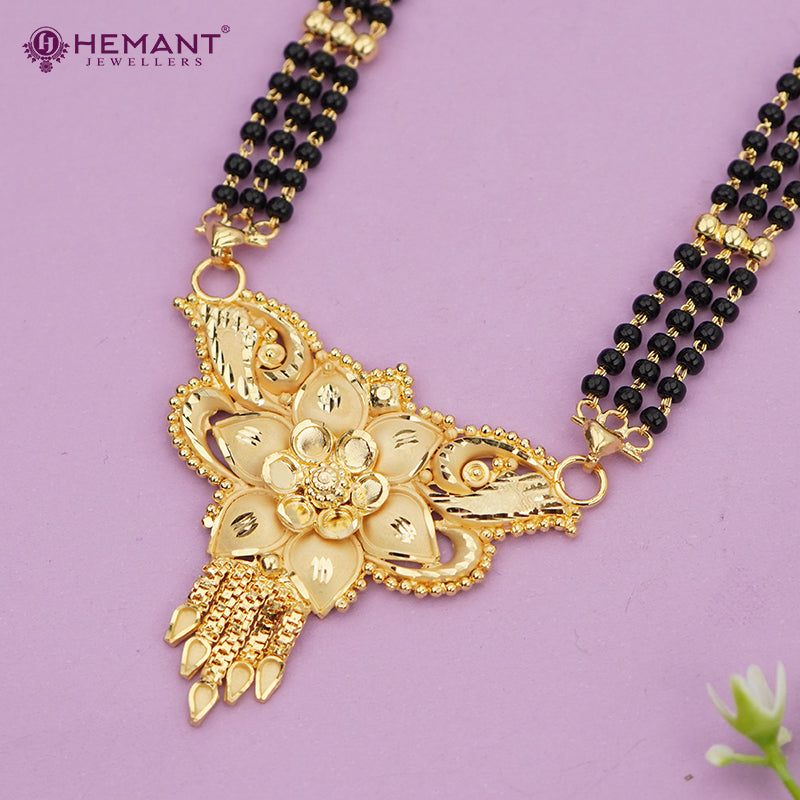 Forming Gold Maharashtrian Long 30" Mangalsutra with Wide Floral Pendant & Carved Golden Bead Segments - 2935
