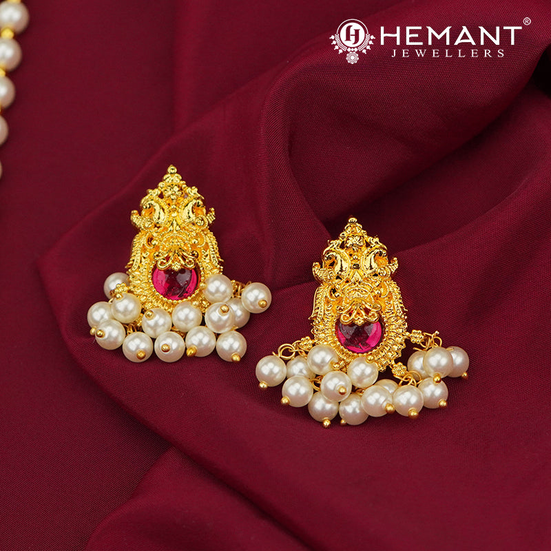 Traditional Maharashtrian Kolhapuri Moti Haar Long 2 Line 6 MM Peacock Stone (with Earrings)