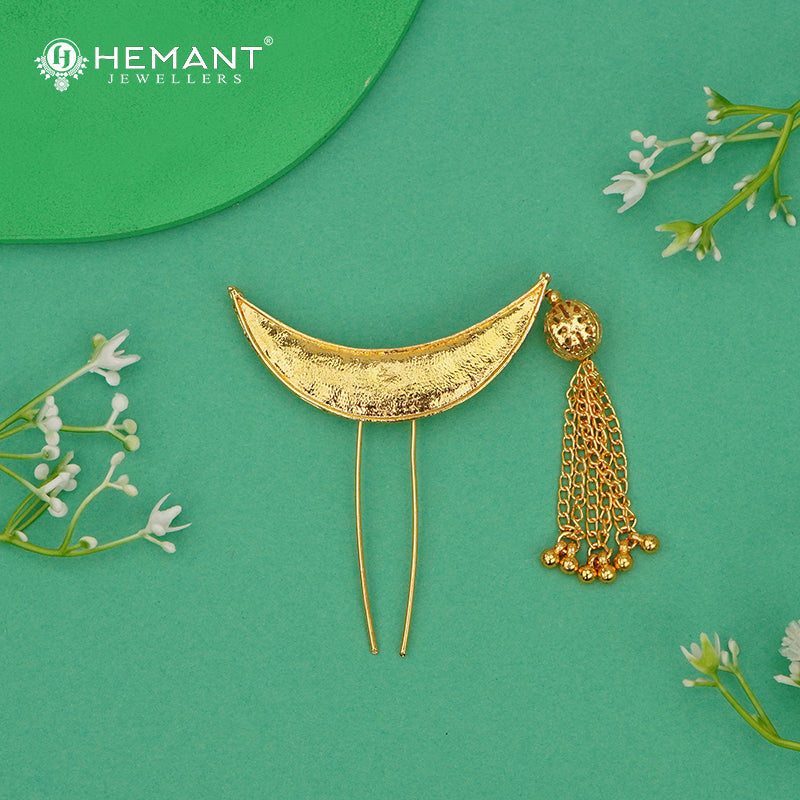 Gold-Plated Crescent Chand Hair Pin / Ambada Pin with Tassel - 3184