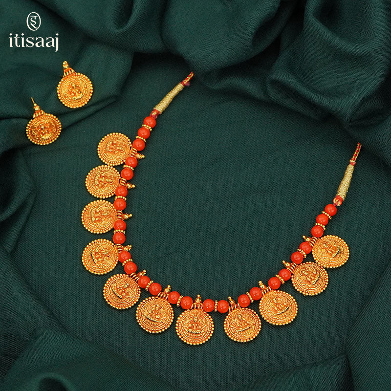 Traditional Maharashtrian Kolhapuri Micro Gold Plated 11 Coin Geru Finished Powala Putali Har (with earrings) - 3306