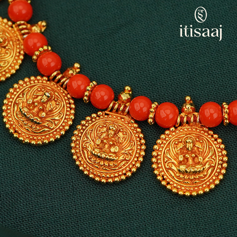 Traditional Maharashtrian Kolhapuri Micro Gold Plated 11 Coin Geru Finished Powala Putali Har (with earrings) - 3306