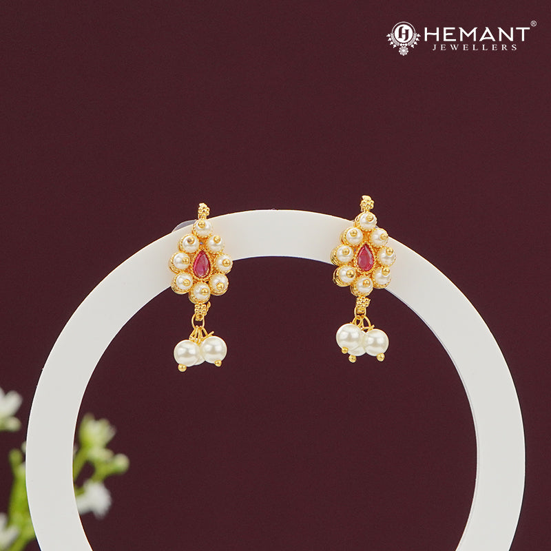 Traditional Pearl Drop Earrings with Red Stone Center – 3319