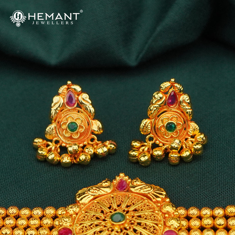 Traditional Maharashtrian Kolhapuri Peti Har Geru Finished Chokar Antique Pendal (with Earrings)