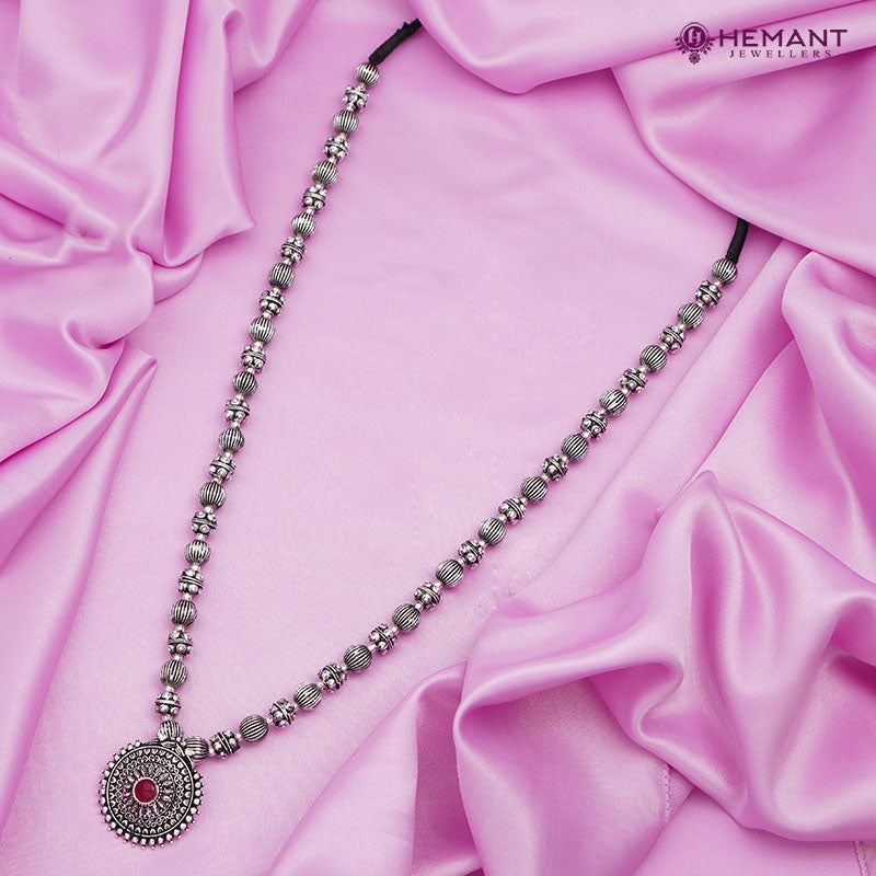 Traditional Maharashtrian Kolhapuri Topra Mala Rava Peacock Long Silver (Oxidized)