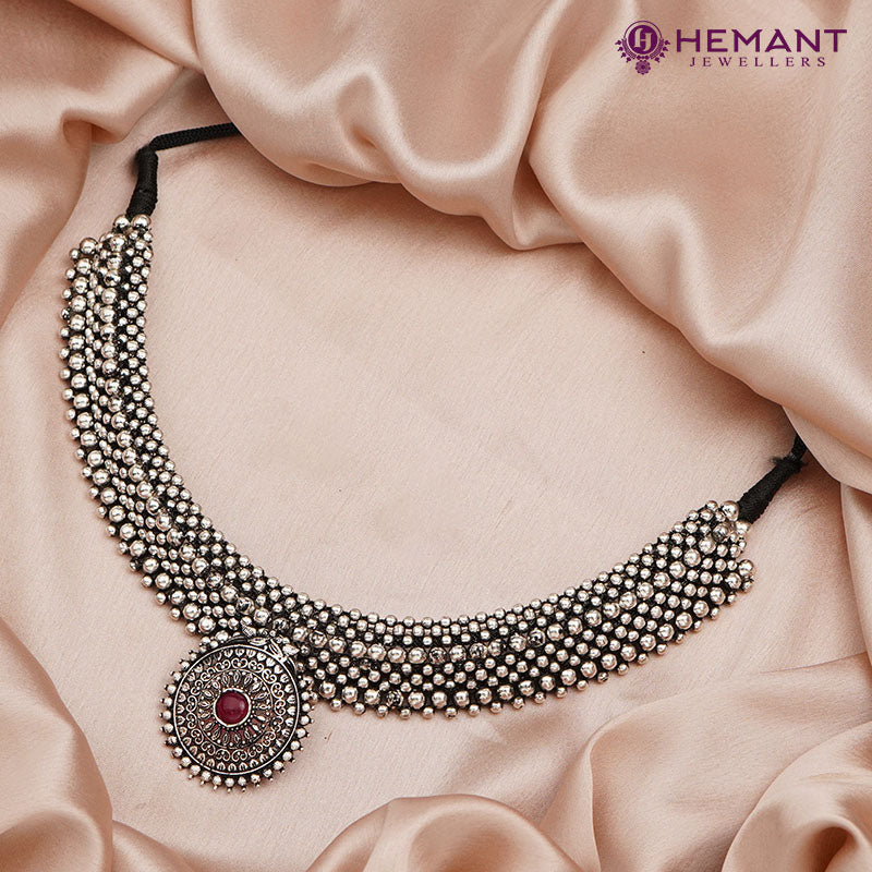 Traditional Maharashtrian Kolhapuri Double Thushi Rava Peacock Silver (Oxidized)