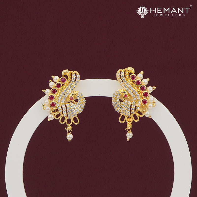 Peacock-Inspired American Diamond Earrings with Pearl Highlights – 3832