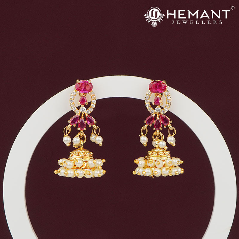 Ruby-Studded Hoop Jhumka Earrings with Pearl Accents