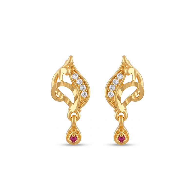 Elegant Micro Gold Plated Drop Earrings with Ruby Red and White Stones - 4003
