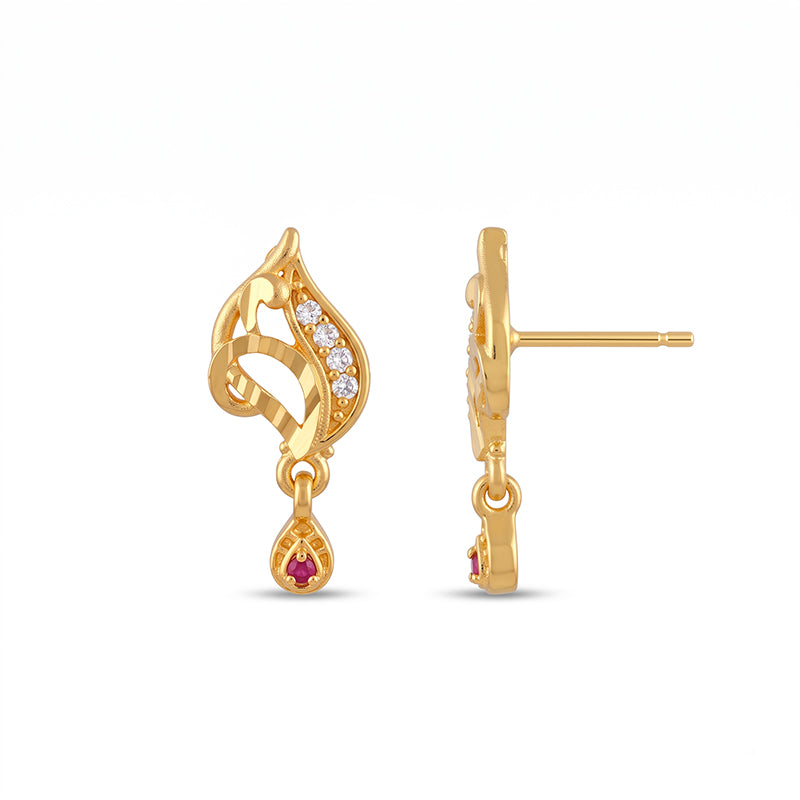 Elegant Micro Gold Plated Drop Earrings with Ruby Red and White Stones - 4003