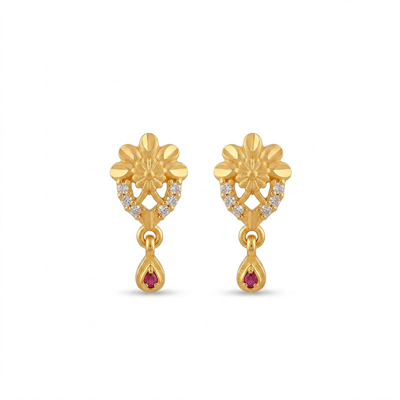 Elegant Micro Gold Plated Drop Earrings with Ruby Red and White Stones - 4006