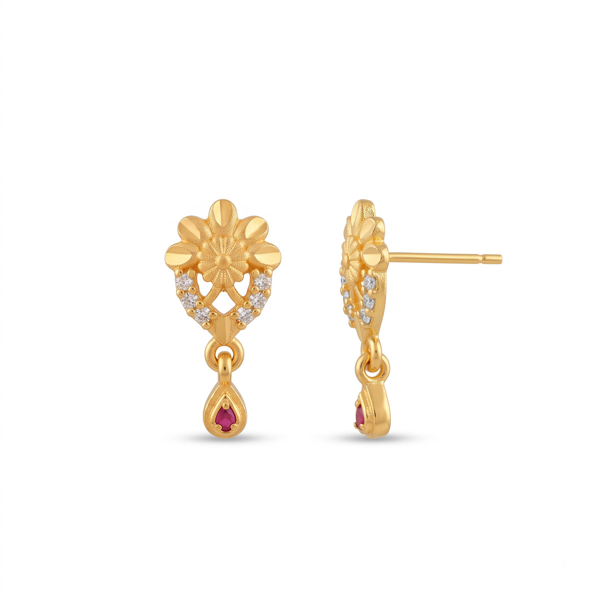 Elegant Micro Gold Plated Drop Earrings with Ruby Red and White Stones - 4006