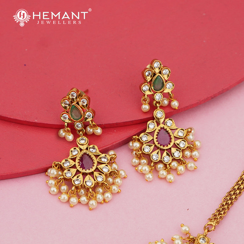 Bridal Stone and Motif Necklace Set with Pearl Drops 4026