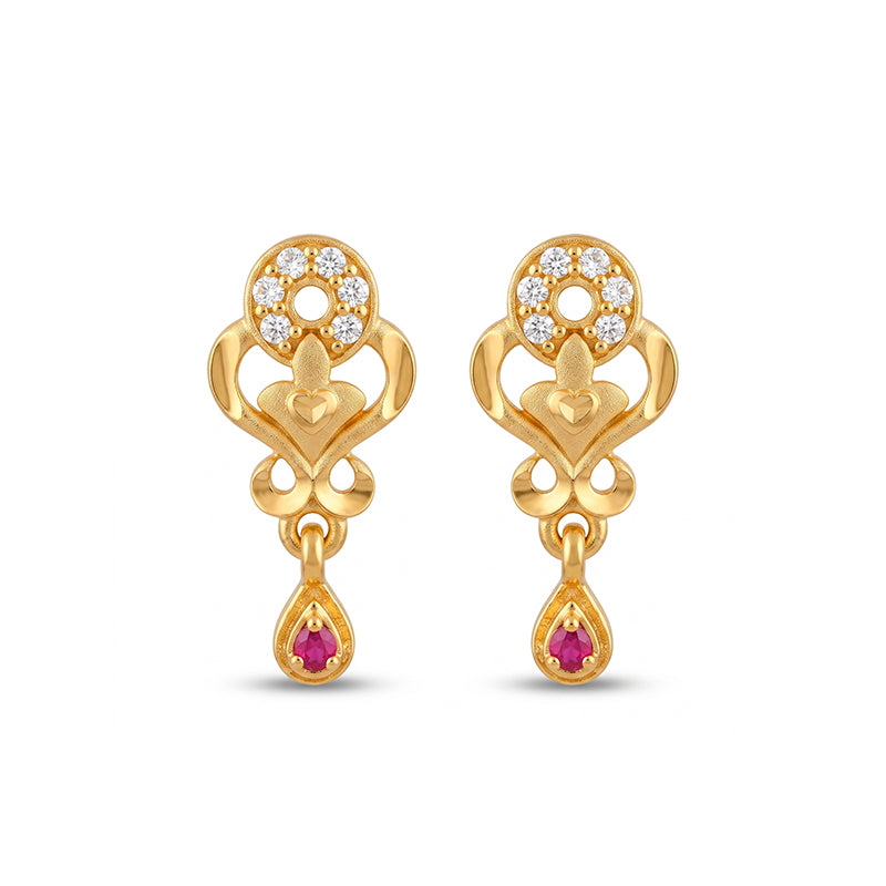 Elegant Micro Gold Plated Drop Earrings with Ruby Red and White Stones - 4045
