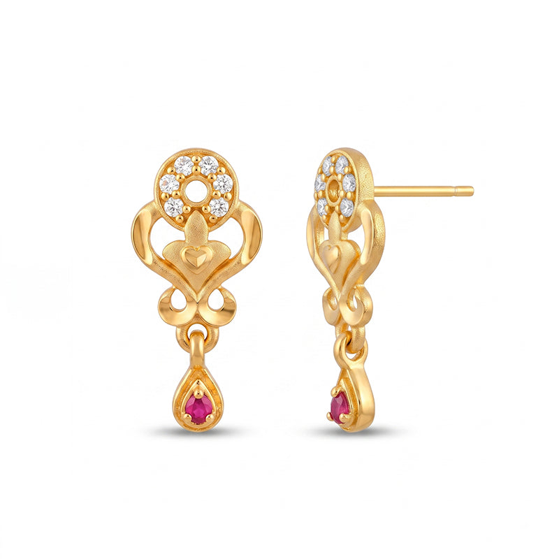Elegant Micro Gold Plated Drop Earrings with Ruby Red and White Stones - 4045