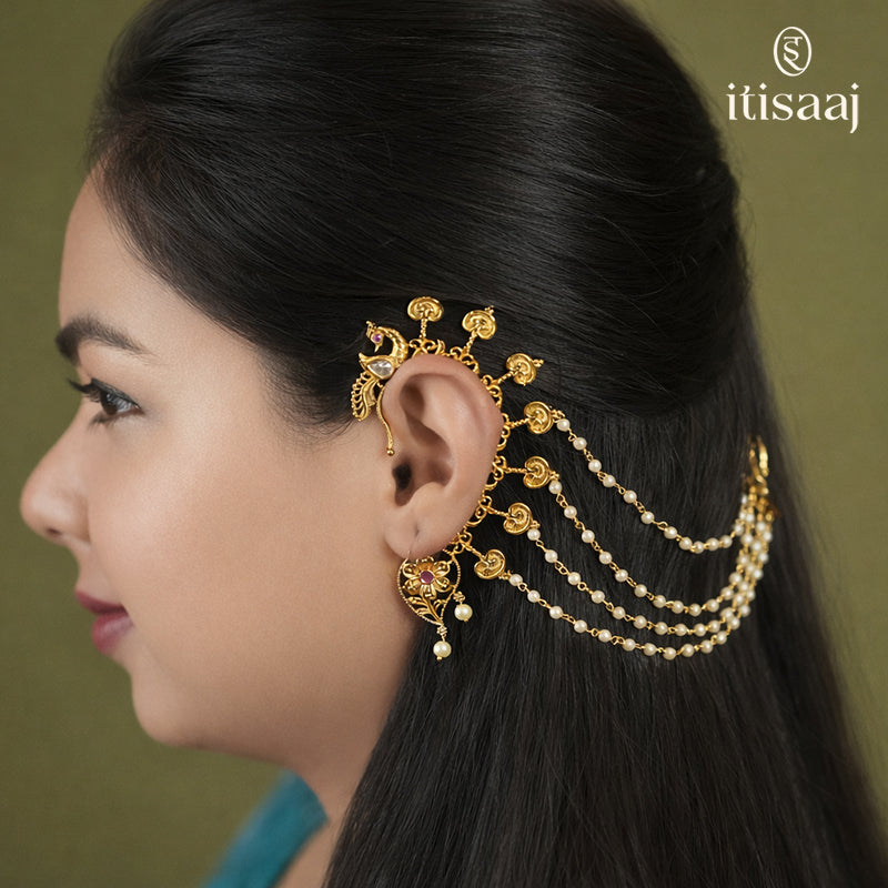 Antique Back Ear Cuff | Peacock Motif Back Kan with Multi-Strand Pearl Chain - 4045