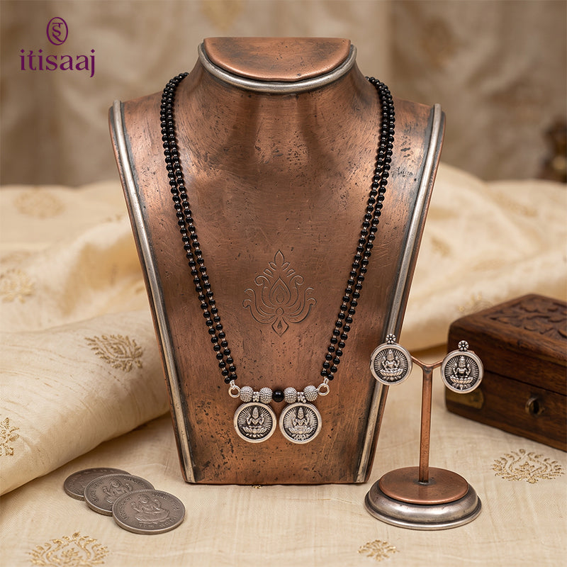 Traditional Micro Gold Plated Double Strand Laxmi Wati Short Mangalsutra with Earrings (Oxidized Silver) - 4052