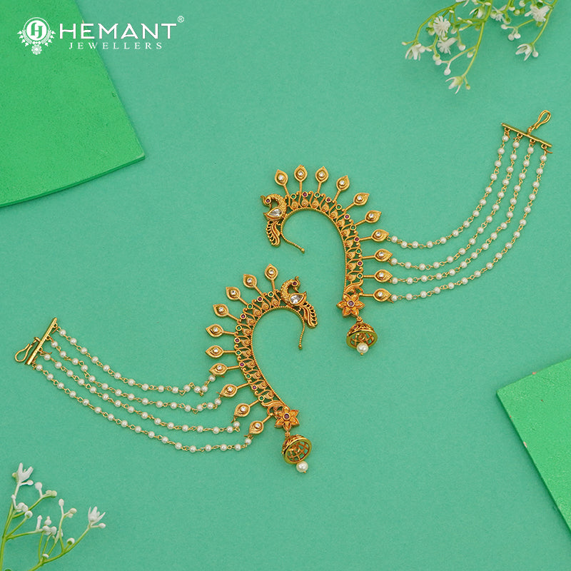 Antique Back Ear Cuff | Peacock Motif Back Ear Cuff / Kan with Multi-Strand Pearl Chain - 4077