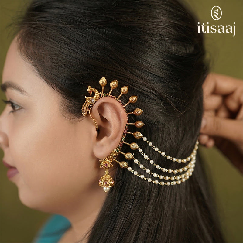 Antique Back Ear Cuff | Peacock Motif Back Ear Cuff / Kan with Multi-Strand Pearl Chain - 4077