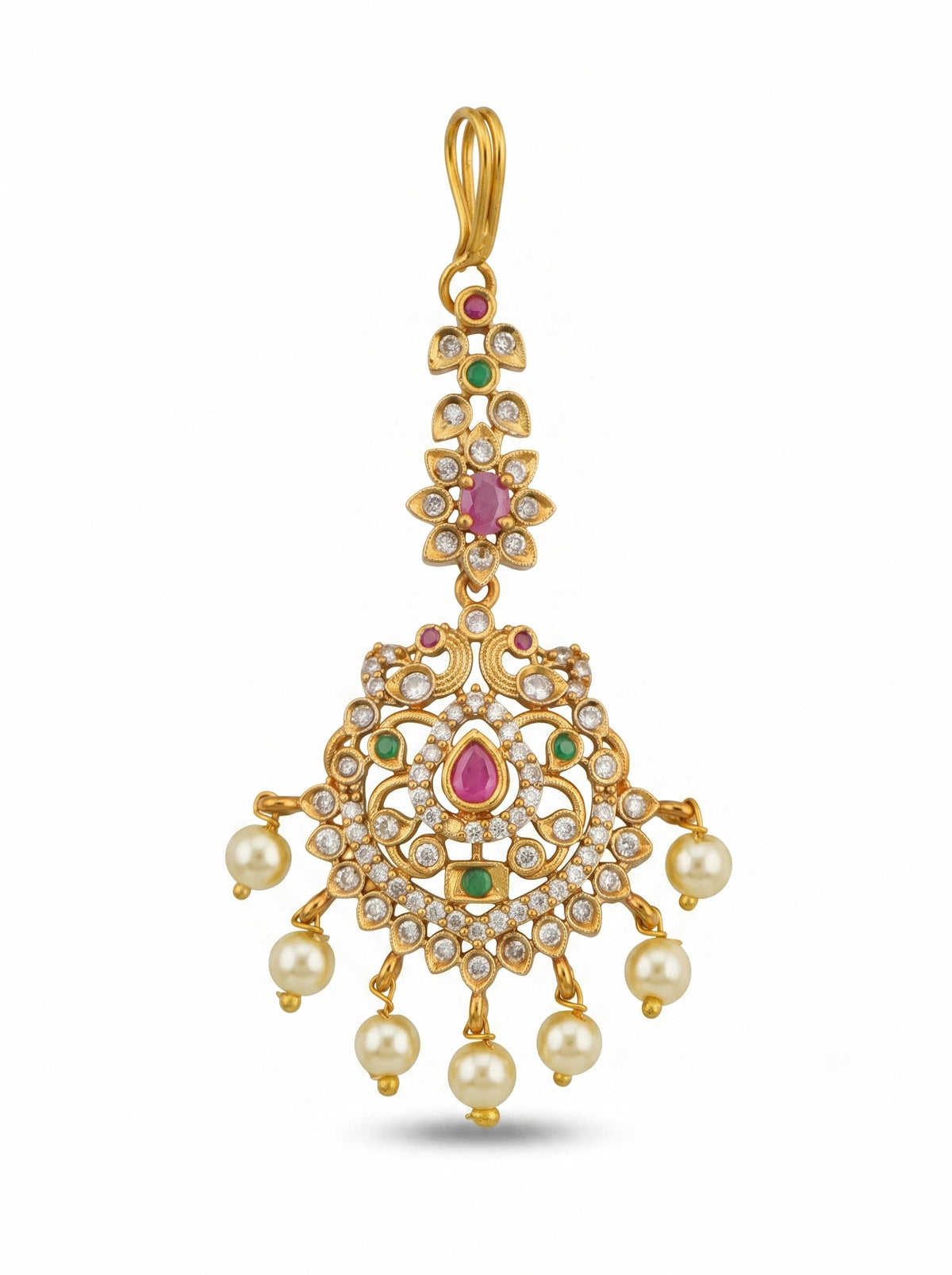 Antique Maang Tikka |  CZ Stone Maang Tikka with Ruby Accents and Pearl Drops - 4085