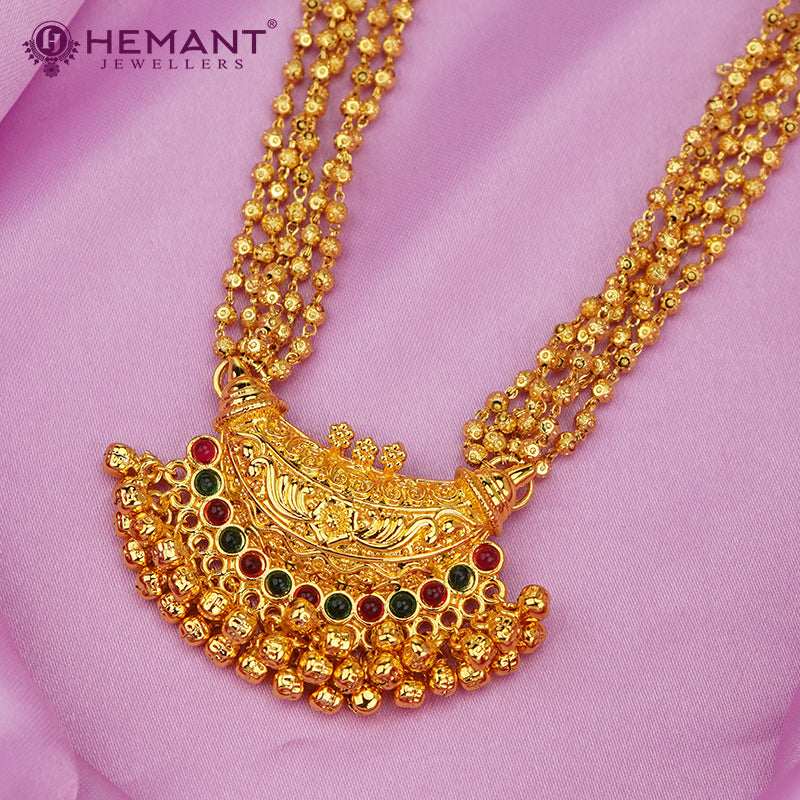 Traditional Maharashtrian Kolhapuri Micro Gold Plated Dot Mala 6 Line 3 MM Boat Short with Earrings