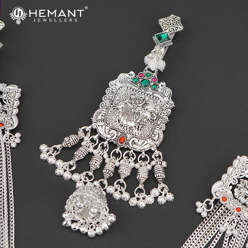 Traditional Oxidized Silver-Tone Radha Krishna Motif Mekhala with Matching Juda – Bridal Waist Ornament – 4191