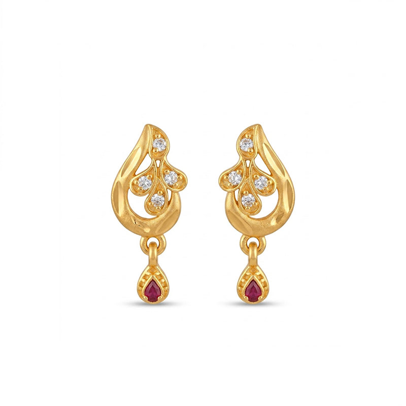 Elegant Micro Gold Plated Drop Earrings with Ruby Red and White Stones - 4201