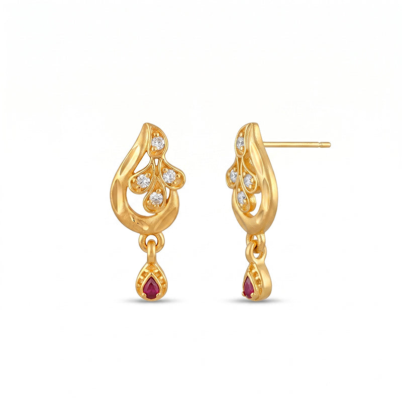 Elegant Micro Gold Plated Drop Earrings with Ruby Red and White Stones - 4201