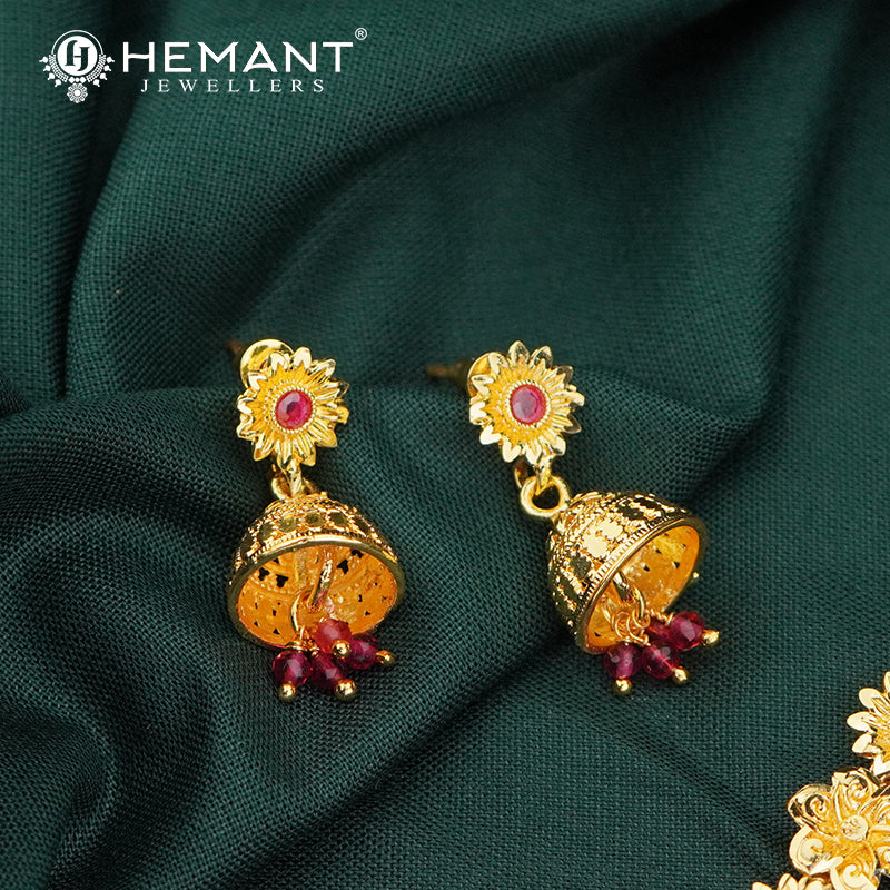 Floral Motif Gold-Finish Necklace Set with Jhumka Earrings - 4239