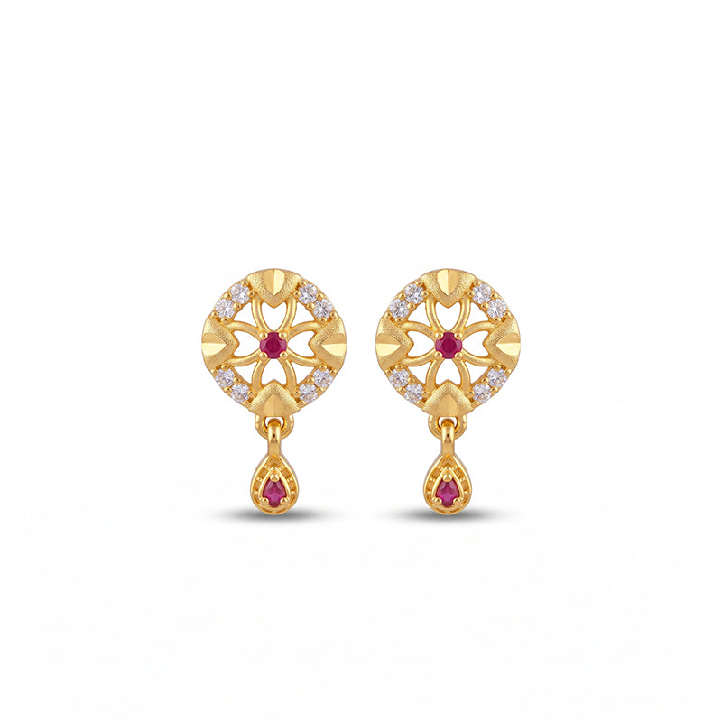 Elegant Micro Gold Plated Drop Earrings with Ruby Red and White Stones - 4257