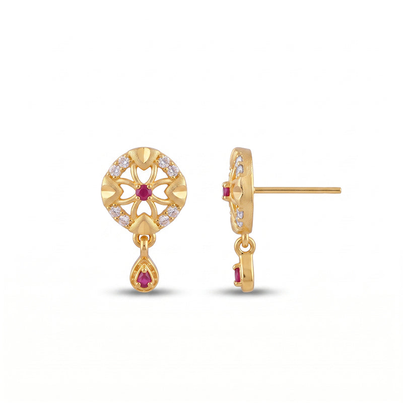 Elegant Micro Gold Plated Drop Earrings with Ruby Red and White Stones - 4257