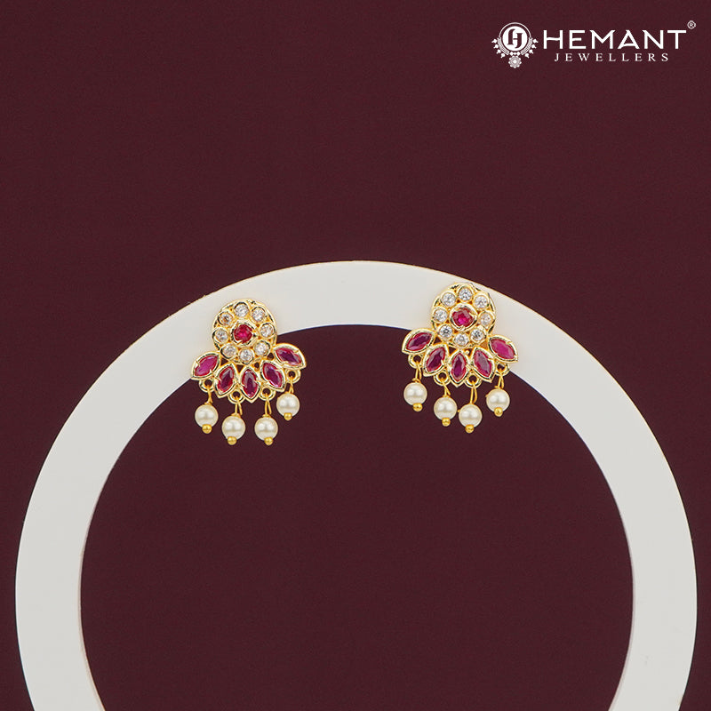 Ruby Floral Pearl Drop Stud Earrings – 4272