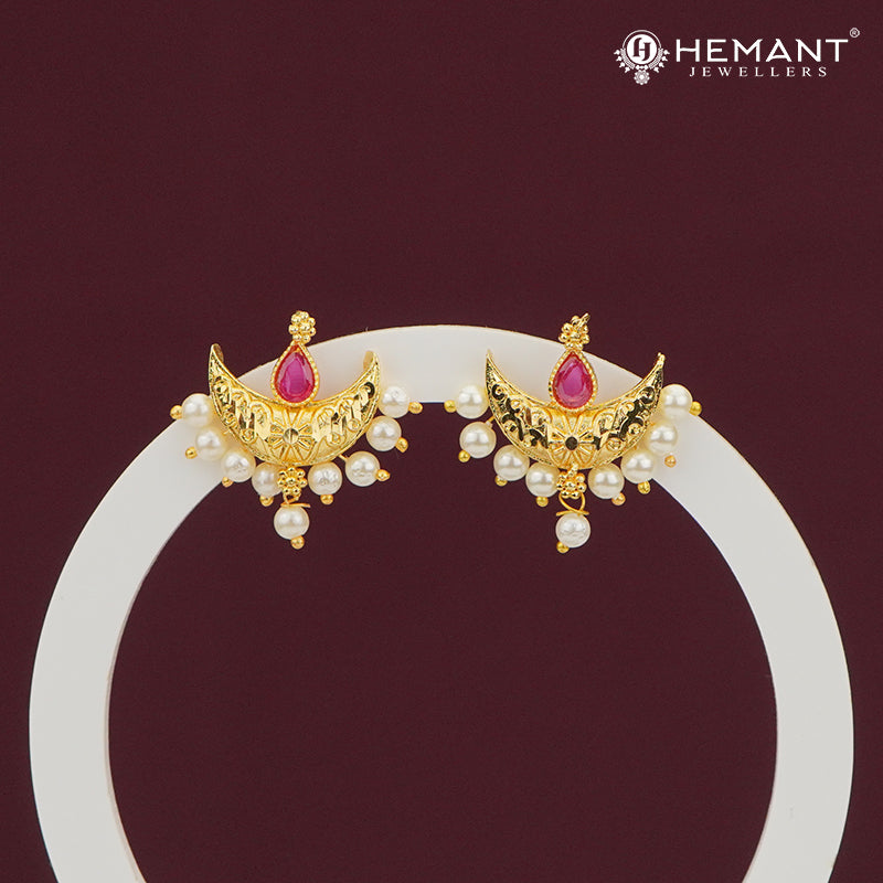 Pearl Drop Half Moon Stud Earrings with Ruby Accent – 4274