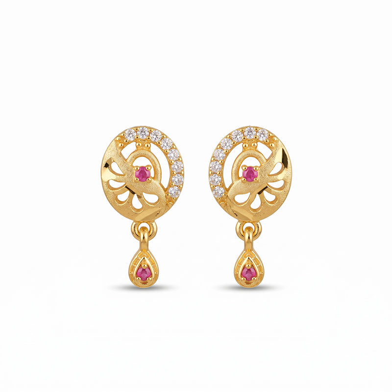 Elegant Micro Gold Plated Drop Earrings with Ruby Red and White Stones - 4314