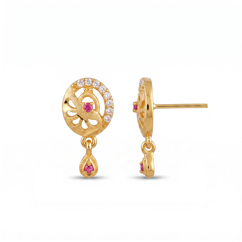 Elegant Micro Gold Plated Drop Earrings with Ruby Red and White Stones - 4314