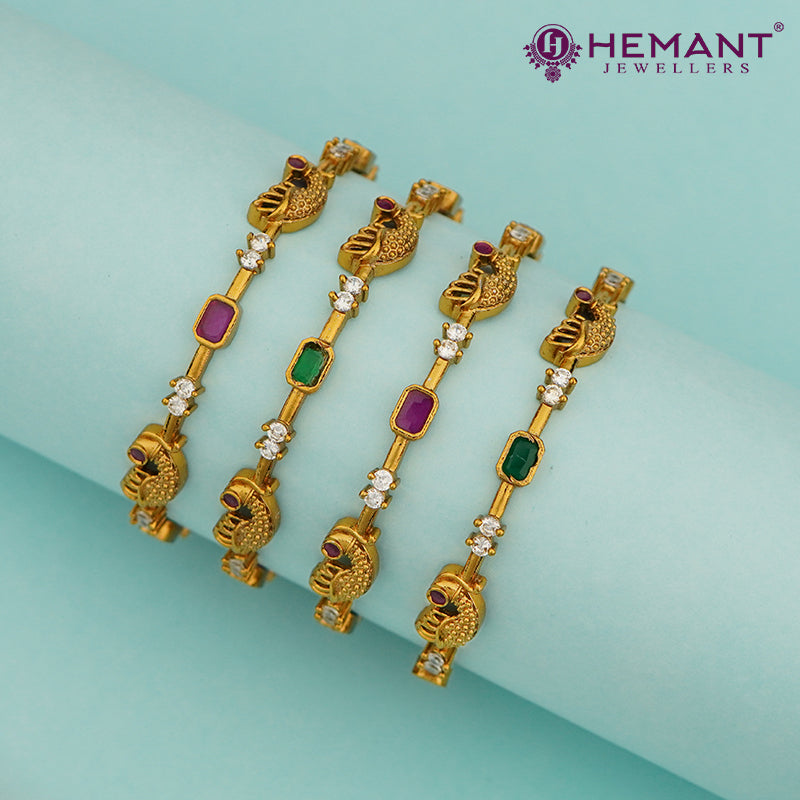 Antique Finish Peacock Bangles with Ruby-Green Stones –  4452-4454 ( 4 Pc Set / 2 Pair)