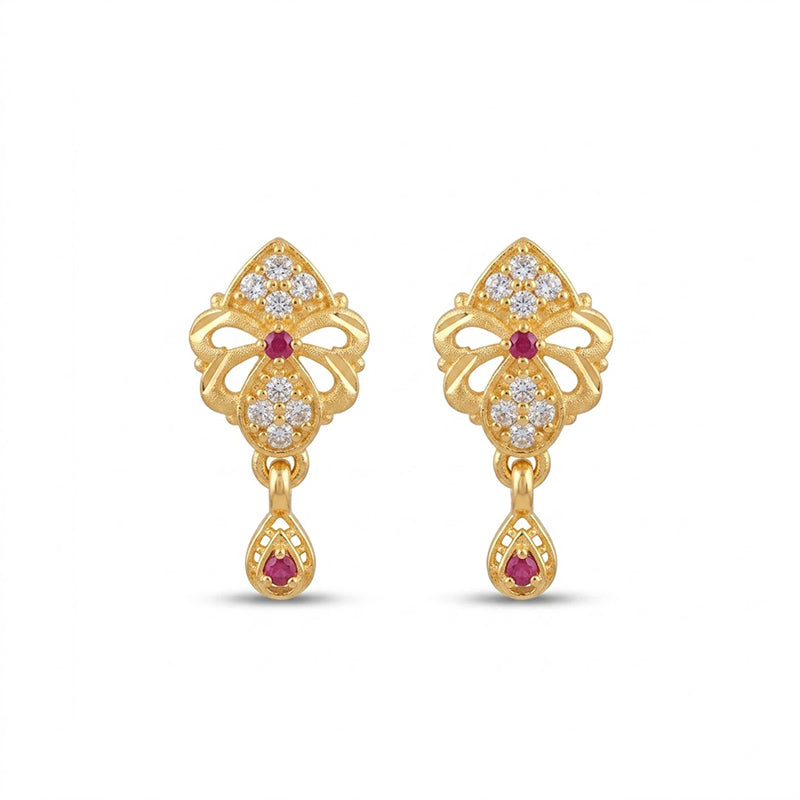 Elegant Micro Gold Plated Drop Earrings with Ruby Red and White Stones - 4487