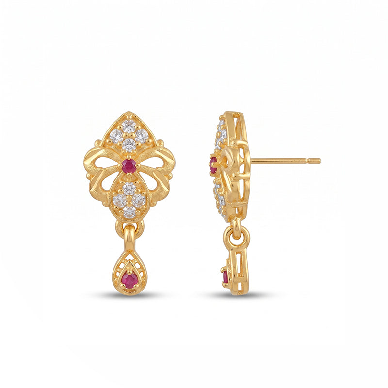 Elegant Micro Gold Plated Drop Earrings with Ruby Red and White Stones - 4487