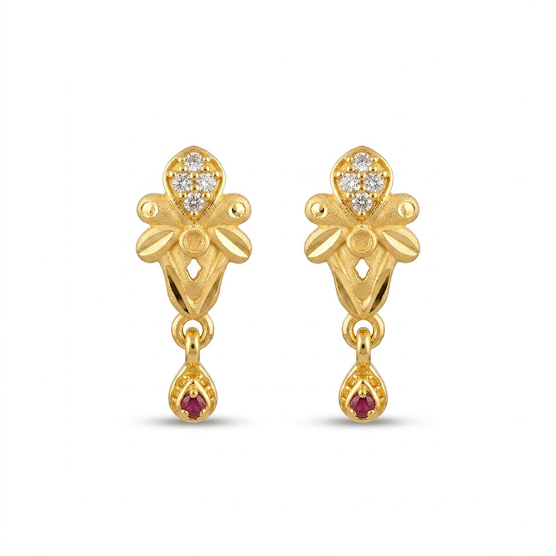 Elegant Micro Gold Plated Drop Earrings with Ruby Red and White Stones - 4508