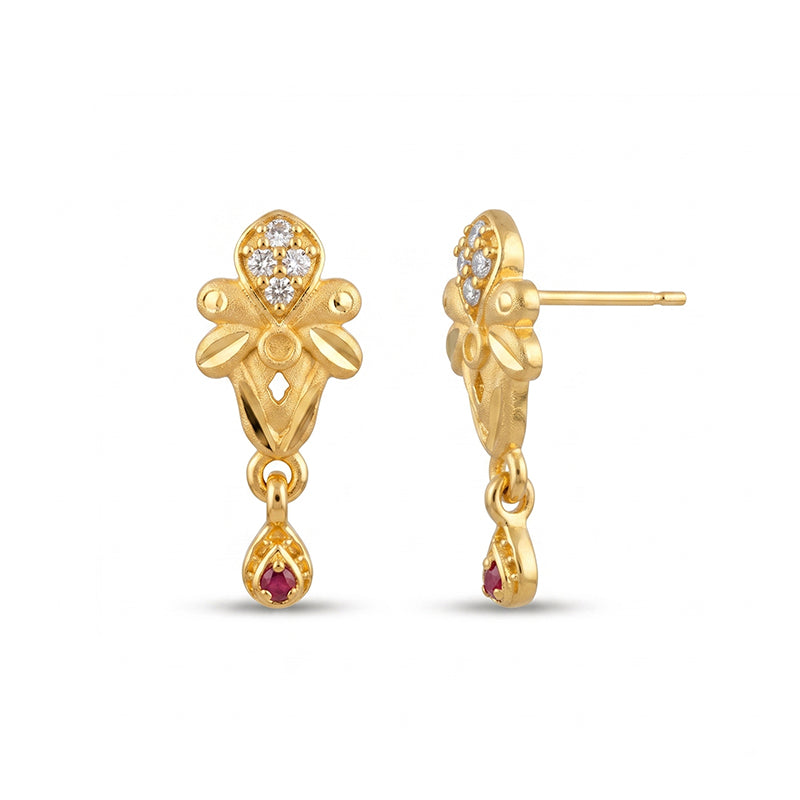 Elegant Micro Gold Plated Drop Earrings with Ruby Red and White Stones - 4508